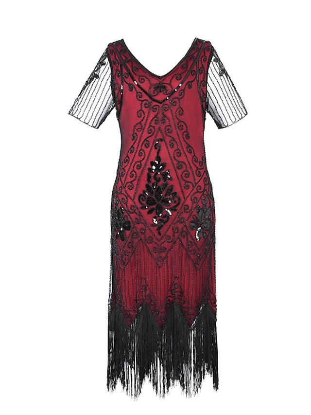 Women‘s Halloween Dress Retro 1920s Fringe Dress Midi Dress Party Outdoor Sequins Tassel Fringe Floral V Neck Short Sleeve Regular Fit Summer Spring  Black Golden S M L XL