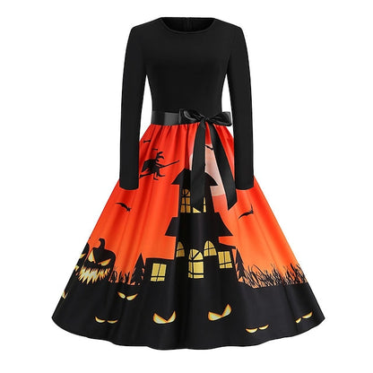 Women‘s Halloween Dress Retro 1950s Vintage Dress Midi Dress Holiday With Belt Bow Graphic Crew Neck Long Sleeve Regular Fit Spring Fall  Pink Red S M L XL