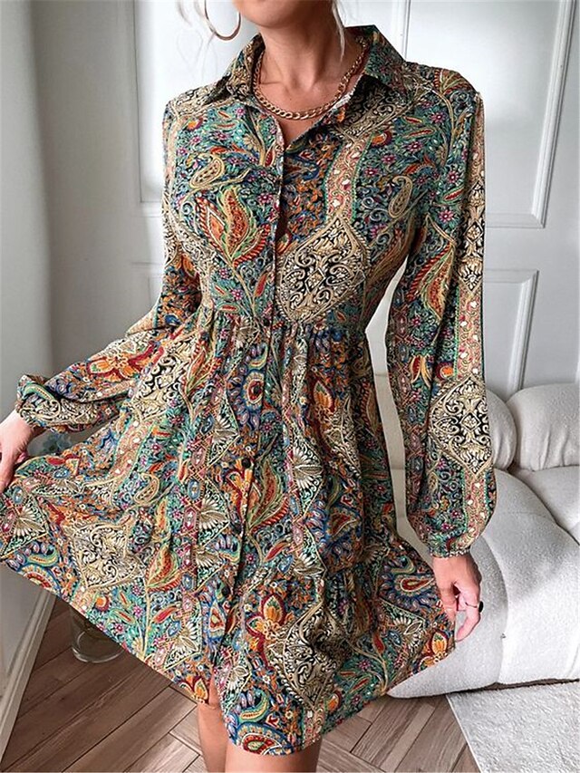 Women's Casual Dress Ethnic Dress A Line Dress Floral Paisley Button Print Shirt Collar Mini Dress Vintage Ethnic Outdoor Date Long Sleeve Loose Fit Blue Spring Fall S M L XL XXL