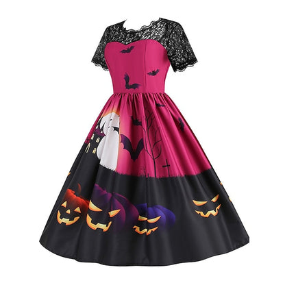 Women‘s Halloween Dress Retro 1950s Vintage Dress Midi Dress Holiday Lace Patchwork Graphic V Neck Short Sleeve Regular Fit Spring Fall  Black Blue S M L XL