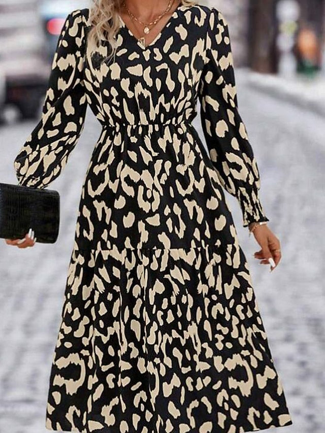 Women's Casual Dress A Line Dress Print Dress Leopard Patchwork Print V Neck Midi Dress Active Fashion Outdoor Street Long Sleeve Loose Fit Leopard Fall Winter S M L XL XXL