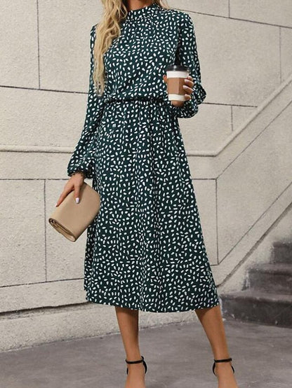 Women's Casual Dress A Line Dress Print Dress Polka Dot Print Stand Collar Midi Dress Active Fashion Outdoor Street Long Sleeve Loose Fit Green Fall Winter S M L XL XXL