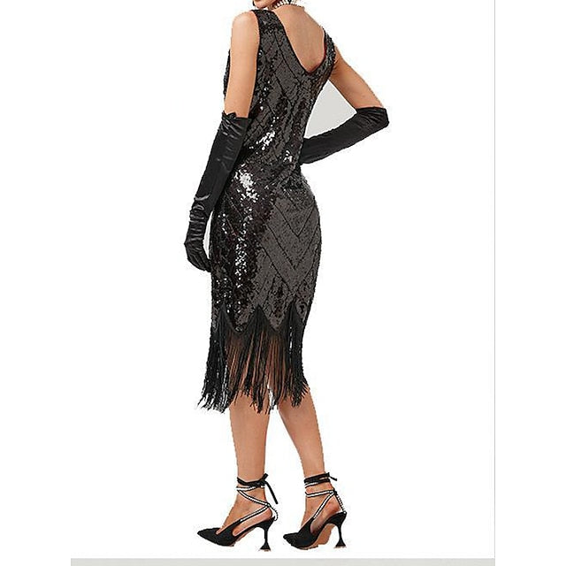 Women's Retro 1920s Fringe Dress Midi Dress Party Holiday Sequins Tassel Fringe Geometric V Neck Sleeveless Regular Fit Spring Fall  Silver Black XS S M L