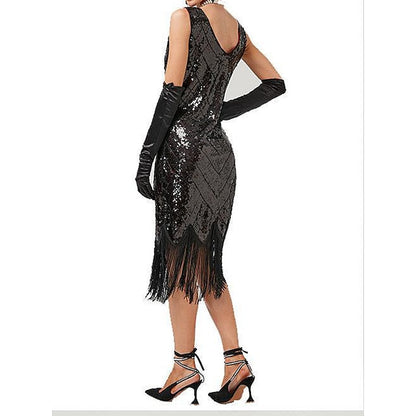 Women's Retro 1920s Fringe Dress Midi Dress Party Holiday Sequins Tassel Fringe Geometric V Neck Sleeveless Regular Fit Spring Fall  Silver Black XS S M L